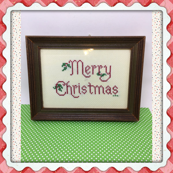 Merry Christmas Cross Stitched Framed Picture Vintage Handmade by ME Christmas Decor Holiday Decor Wall Art Wall Hanging - JAMsCraftCloset