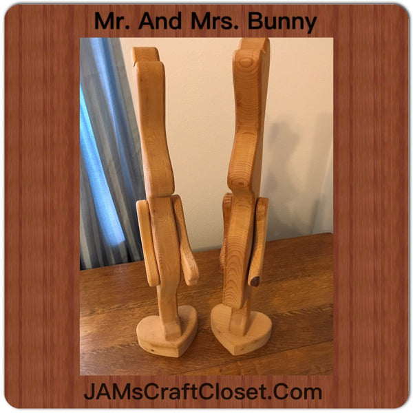 Bunnies Vintage Wooden Mr and Mrs Bunny With Moveable Arms Handmade Heart Base SET OF 2 - JAMsCraftCloset
