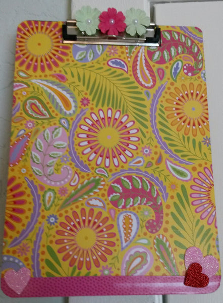 Clipboard Handcrafted Paisley Print Design Pink Yellow Green Floral Ribbon Heart Accent - JAMsCraftCloset