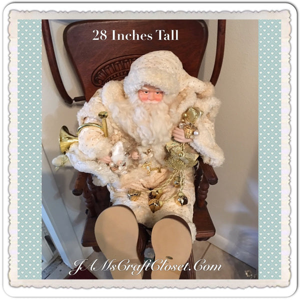 Sitting Santa 28 Inches Tall Carrying a French Horn Doll Teddy Bear and Bells Shelf Sitter Collectors Edition 2000 JAMsCraftCloset