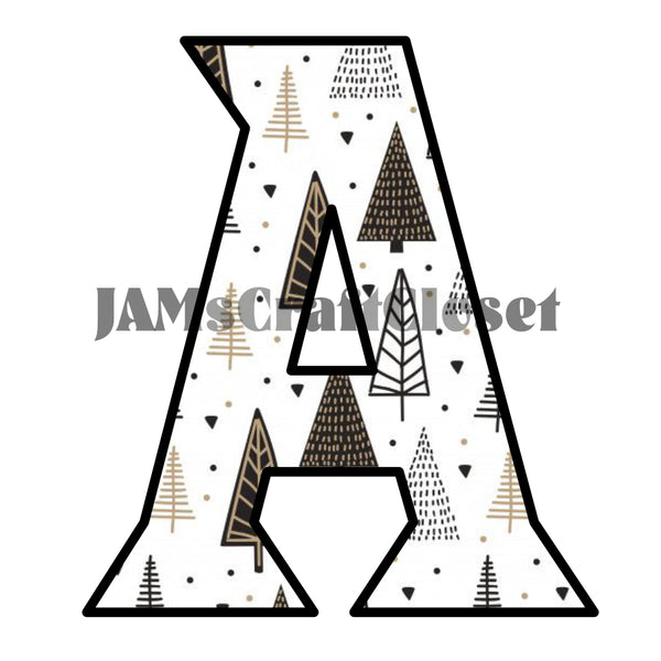 ALPHABET SET Digital Graphic Design Typography Clipart SVG-PNG Sublimation CHRISTMAS PRINT BLACK WHITE GOLD TREES Design Holiday Christmas Download Crafters Delight - JAMsCraftCloset