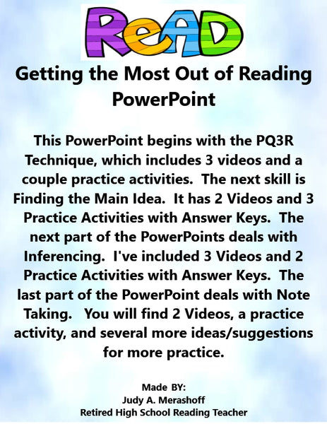 Getting the Most Out of Reading - Complete Teacher Lesson on PowerPoint Includes PQ3R Main Idea Inference Note Taking - JAMsCraftCloset
