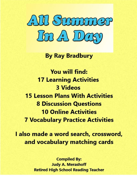 All Summer in a Day by Ray Bradbury Teacher Supplemental Activities JAMsCraftCloset
