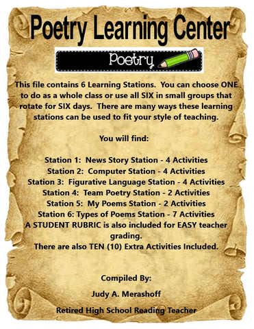 Poetry Learning Center - 6 Stations This file contains 6 Learning Stations. You can choose ONE to do as a whole class or use all SIX in small groups that rotate for SIX days. There are many ways these learning stations can be used to fit your style of teaching. JAMsCraftCloset