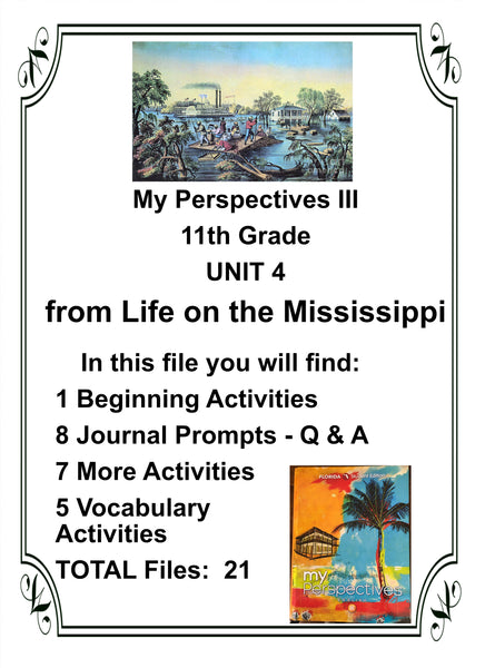 My Perspectives English III 11th Grade UNIT 4 FROM LIFE ON THE MISSISSIPPI Teacher Resource Lesson Supplemental Activities - JAMsCraftCloset