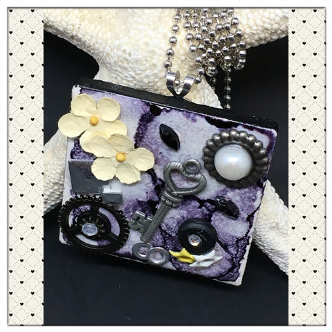 Pendant Necklace Upcycled Repurposed Ceramic Tile Handmade Steampunk Mixed Media Gift for Her Black Alcohol Ink Background JAMsCraftCloset