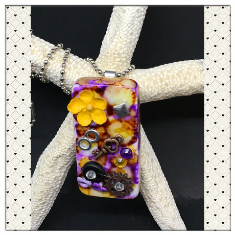 Pendant Necklace Upcycled Repurposed Domino Handmade Steampunk Mixed Media Purple Yellow {{ JAMsCraftCloset }}