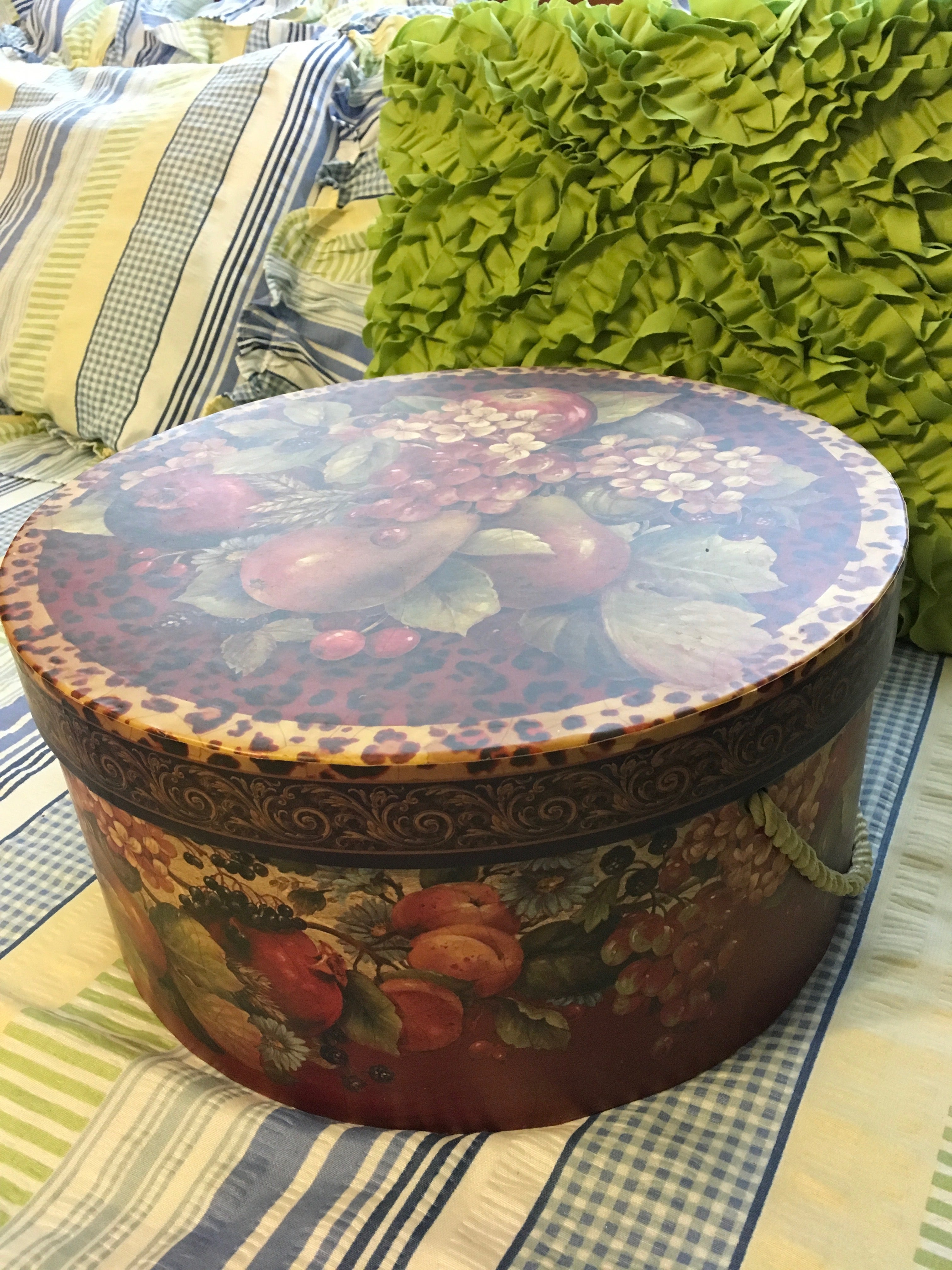 Hat Box Round Fruit and Flower Design LARGE Vintage Cardboard