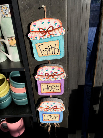 Wall Art Jelly Jar Wooden Wall Hanging Faith Love Hope Handmade Hand Painted Home Decor {{ JAMsCraftCloset }}