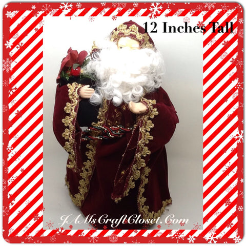 Vintage Burgundy and Gold Santa that Stands 12 Inches Tall With Green Bag JAMsCraftCloset