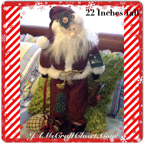 Santa Vintage Primitive Burgundy Green Standing 22 Inches Patchwork Tree and BELIEVE Wreath JAMsCraftCloset