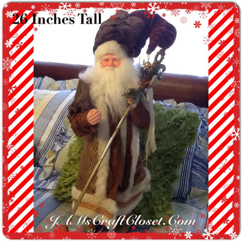 Santa Vintage Standing Brown and Gold 26 Inches Tall With Staff and Ceramic Boots {{ JAMsCraftCloset }}