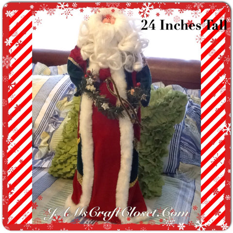 Santa Vintage Standing Red Green and White 24 Inches Tall With Pine Garland Stars and Berries {{ JAMsCraftCloset }}