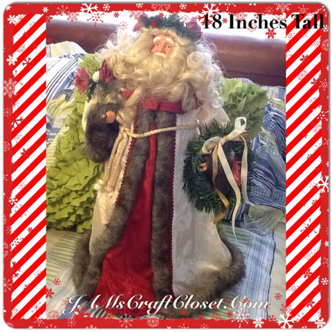 Santa Vintage Standing Cream Burgundy and Gray With Rose Flowers and Wreath 18 Inches Tall {{ JAMsCraftCloset }}