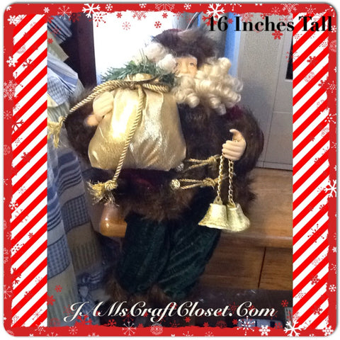 Santa Vintage Shelf Sitter Red Green and Gold With Bag and Bells 16 Inches Tall JAMsCraftCloset