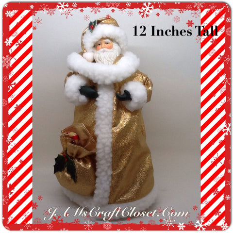 Santa Vintage Gold Standing  With Bag Candycane and Holly 12 Inches Tall JAMsCraftCloset