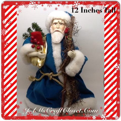 Santa Vintage Standing Blue and White With Staff and Gold Bag 12 Inches Tall JAMsCraftCloset