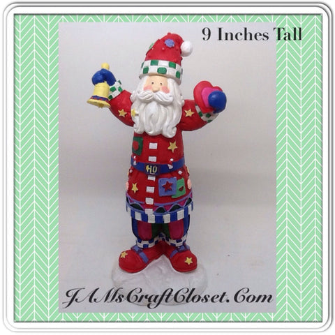 Santa Vintage Red White Blue Green Shelf Sitter 9 Inches Tall Holiday Decor Holding Bell Hearts {{ JAMsCraftCloset }}