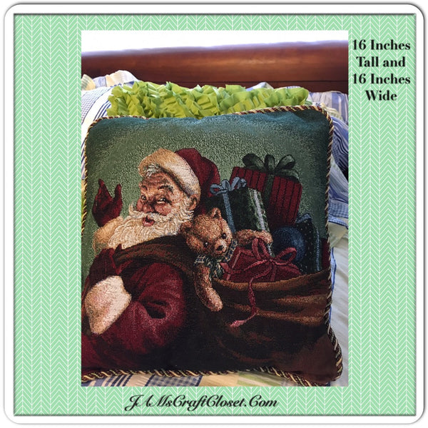 Vintage Santa Pillow in Red Green and Blue 15 Inch Square Holiday Christmas Decor Gift Idea JAMsCraftCloset