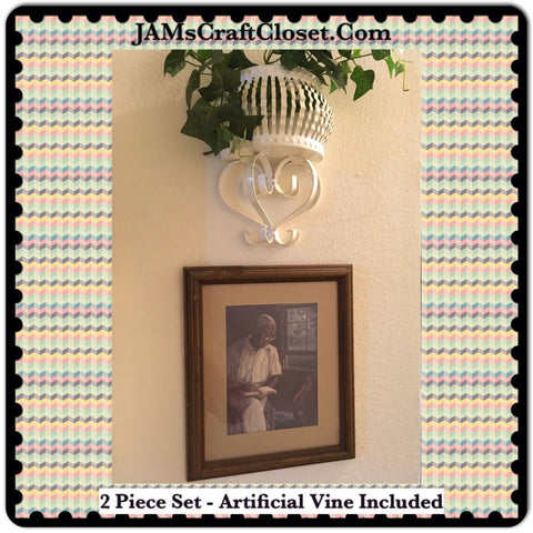 Ethnic Vintage Picture of a Grandfather Reading a Book to His Grandson With White Metal Wall Basket and Vines Accent Set of 2 Items  Vine Included, if you want it...