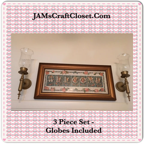 Vintage Welcome Wall Art Set of 3 WELCOME Print Picture and 2 Globed Sconces Home Decor JAMsCraftCloset