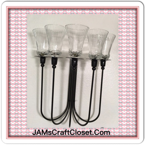 Sconce Black 5 Arm Wrought Iron Vintage Sconce Candelabra With 5 Clear Glass Knobbed Votives