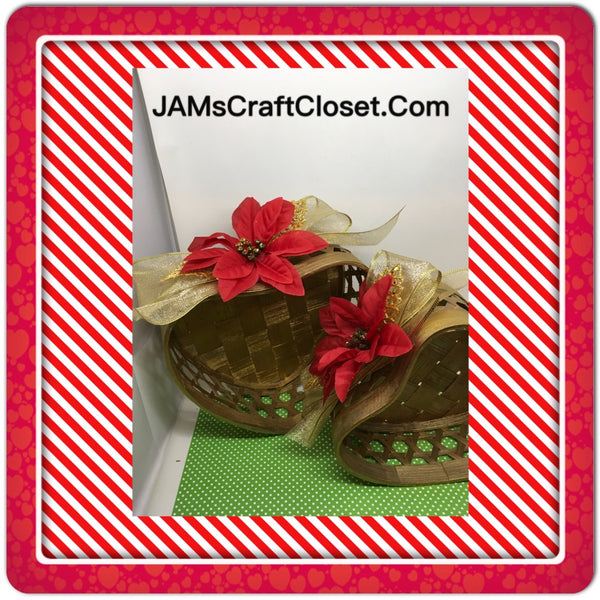 Heart Shaped Baskets Gold With Red Poinsettias Gold Bows and Leaves SET OF 2  Hanging or Sitting