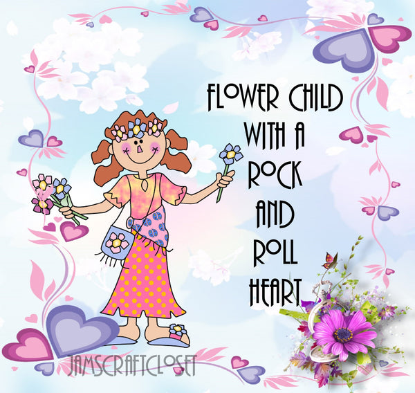 FLOWER CHILD WITH ROCK AND ROLL HEART - DIGITAL GRAPHICS  My digital SVG, PNG and JPEG Graphic downloads for the creative crafter are graphic files for those that use the Sublimation or Waterslide techniques - JAMsCraftCloset