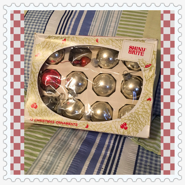 Ornament SHINY BRIGHT Vintage Christmas Mercury Glass Silver Red Made in the USA Box of 12 JAMsCraftCloset