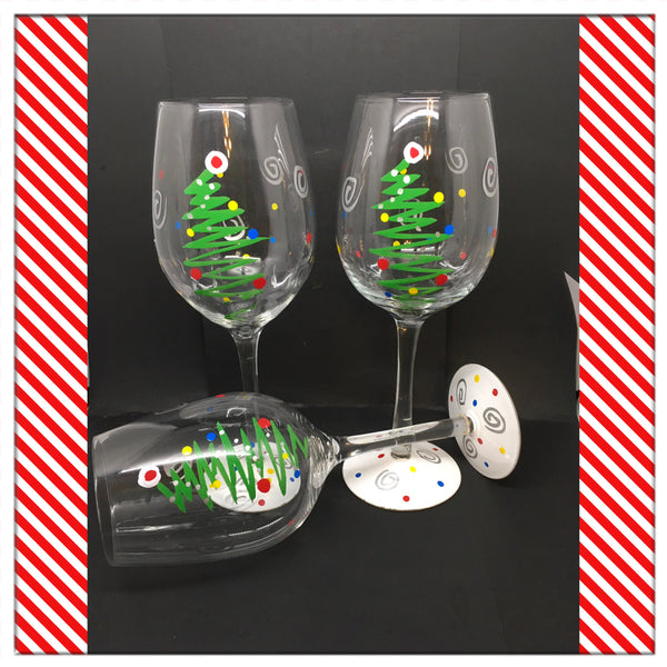 Stemware Glasses Christmas Tree Hand Painted Clear Glass Set of 2 Holiday Bar Decor Barware Drinkware Bar Decor One of a Kind Gift JAMsCraftCloset