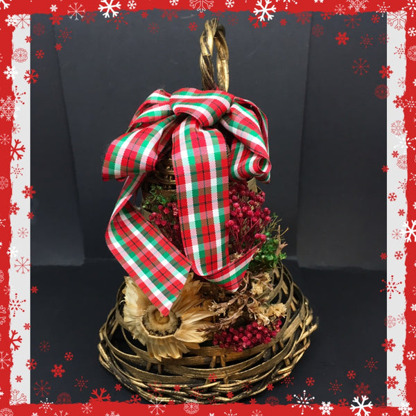 Bell Ornament Vintage Gold Woven Dried Flowers Misletoe Red Green Plaid Bow Christmas Decor Gift - JAMsCraftCloset