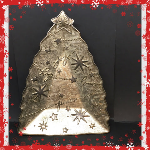Dish Candy Trinket Christmas Tree Shaped Silver Metal JOY HOPE PEACE Stars