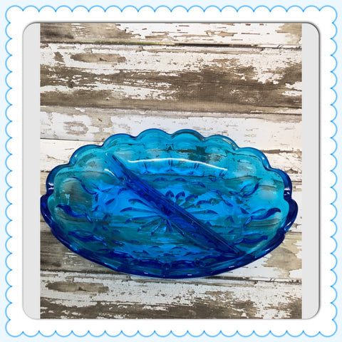 Dish Vintage Indiana Glass Aqua Blue Glass Thumb Print 2 Sections Scalloped Edge Kitchen and Dining Serving Dish Gift Idea Home Decor Valentines Day Decor