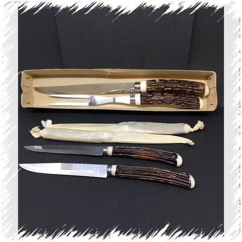 Knives Steak Serving Fork and Knife Log Handles Vintage SET OF 4  Awesome Vintage Set of Steak Knives and Serving Fork and Knife...Never Used and in Orginal Box.