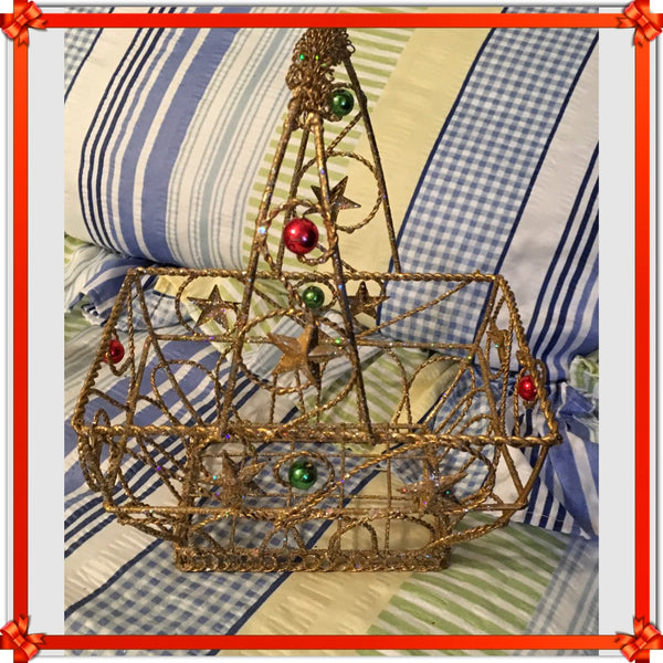 Basket Wire Christmas Rectangle Vintage Gold Stars and Beads Holiday Decor Centerpiece - JAMsCraftCloset