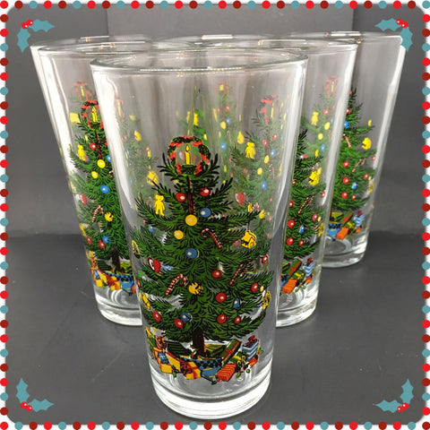 Glasses Vintage Clear Glass Christmas Tree Design SET OF 4 or 6 Gift Idea Kitchen & Dining Decor Drinkware Holiday Decor - JAMsCraftCloset