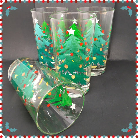 Glasses Vintage Clear Glass Big and Little Christmas Tree Design SET OF 4