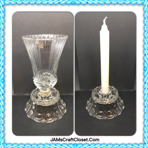 Candlestick Holder Single Vintage Clear Pressed Glass Scallops and Bubble Pattern - JAMsCraftCloset