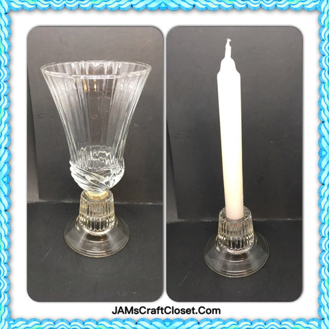 Candlestick Holder Single Vintage Clear Plain Base With Vertical Bar Pattern Top - JAMsCraftCloset