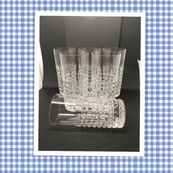 Vintage Clear Glass Cut Waffle Design Star Burst Bottom Tumblers Glasses SET OF 6