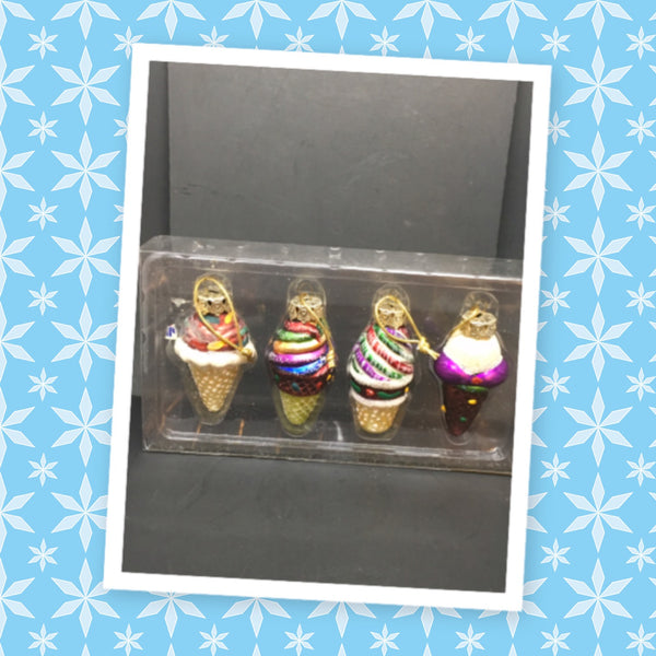 Ornament Ice Cream Cones Vintage Christmas Glass Multicolored SET OF 4 JAMsCraftCloset