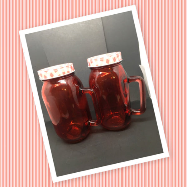 Red Glass Canning Jar With Handle 7 Inches Tall 3 Inches in Diameter Straw Lid Gift Kitchen Decor Great Gift Idea Lid With Straw Opening...No Markings on Bottom JAMsCraftCloset