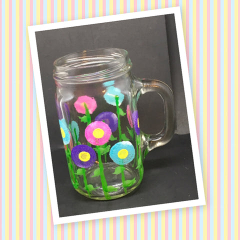 Mugs Mason Jar Hand Painted Floral Happy Dot Flowers Hot Pink Aqua Purple One of a Kind Unique Drinkware Barware Kitchen Decor Country Cottage Chic