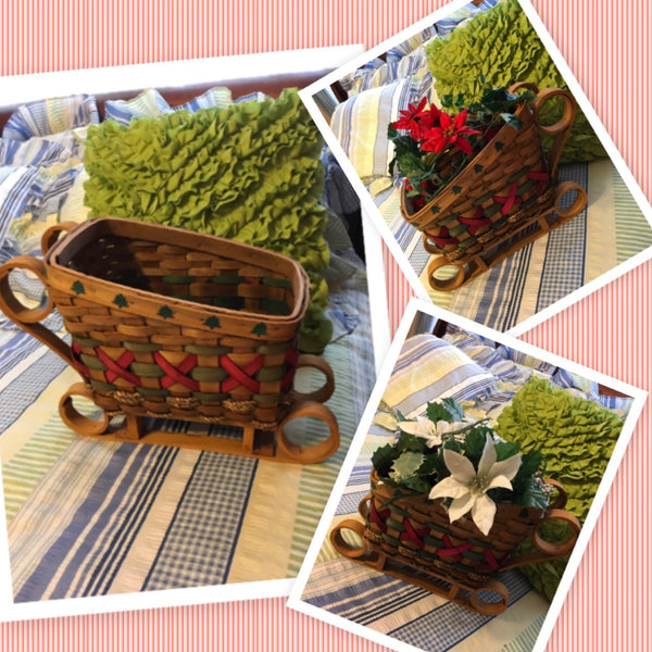 Sleigh Vintage Woven Basket Red Green With Stenciled Trees Wooden Runners Holiday Table Decor Vintage for You to Decorate-Collectible-Holiday Decor-Fill With Goodies-Gift Idea-Christmas Decor-Country Decor JAMsCraftCloset