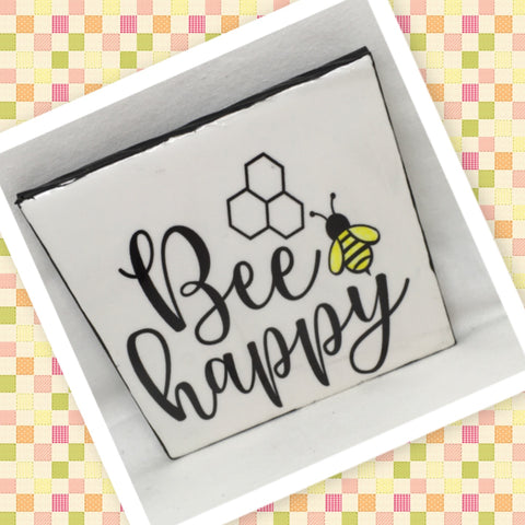 BEE HAPPY Wall Art Ceramic Tile Sign Gift Idea Home Decor Positive Saying Handmade Sign Country Farmhouse Gift Campers RV Gift Home and Living Wall Hanging - JAMsCraftCloset