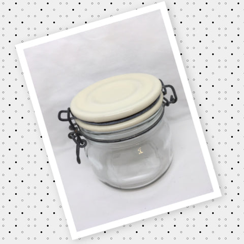 Flip Top Glass Jar TINY Vintage 4 1/2 Inches Tall Wire Holder NO Rubber Seal White Ceramic Top Gift Idea Collectible 