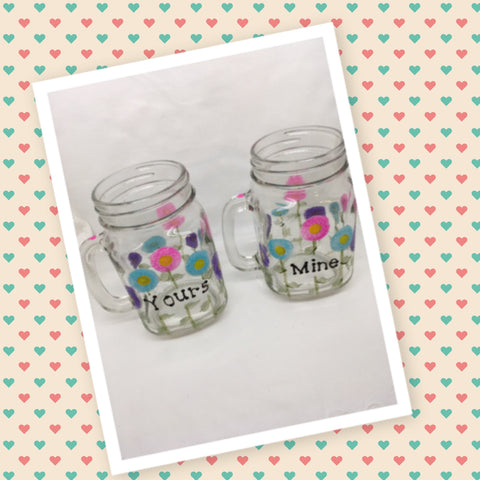 Mugs Mason Jar Hand Painted YOURS MINE Floral Happy Dot Flowers Hot Pink Aqua Purple One of a Kind Unique Drinkware Barware Kitchen Decor Country Cottage Chic  SET OF TWO