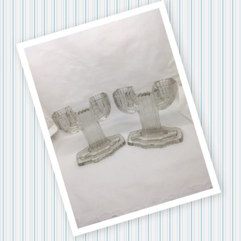 Art Deco Queen Mary Pattern Double Candlestick Holders BOHO Cactus Shaped Clear Glass Ribbed {{ JAMsCraftCloset }}