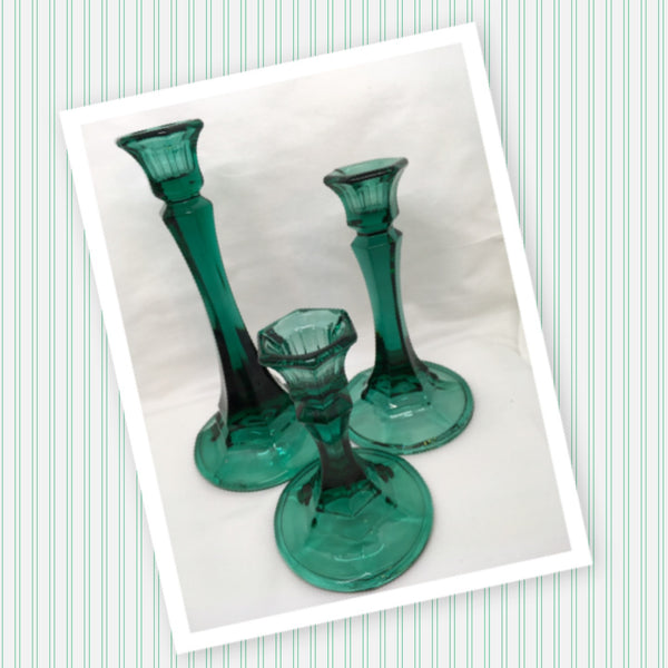 Candlestick or Votive Holders Vintage Dark Green Glass SET OF 3 Collectible