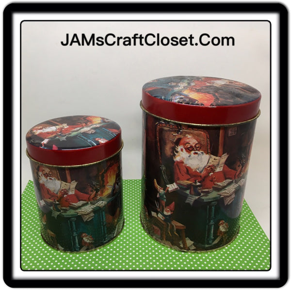 Tin Vintage Christmas Holiday Santa Reading Letters 4 Inches in Diameter 6 Inches Tall SET OF 2 JAMsCraftCloset